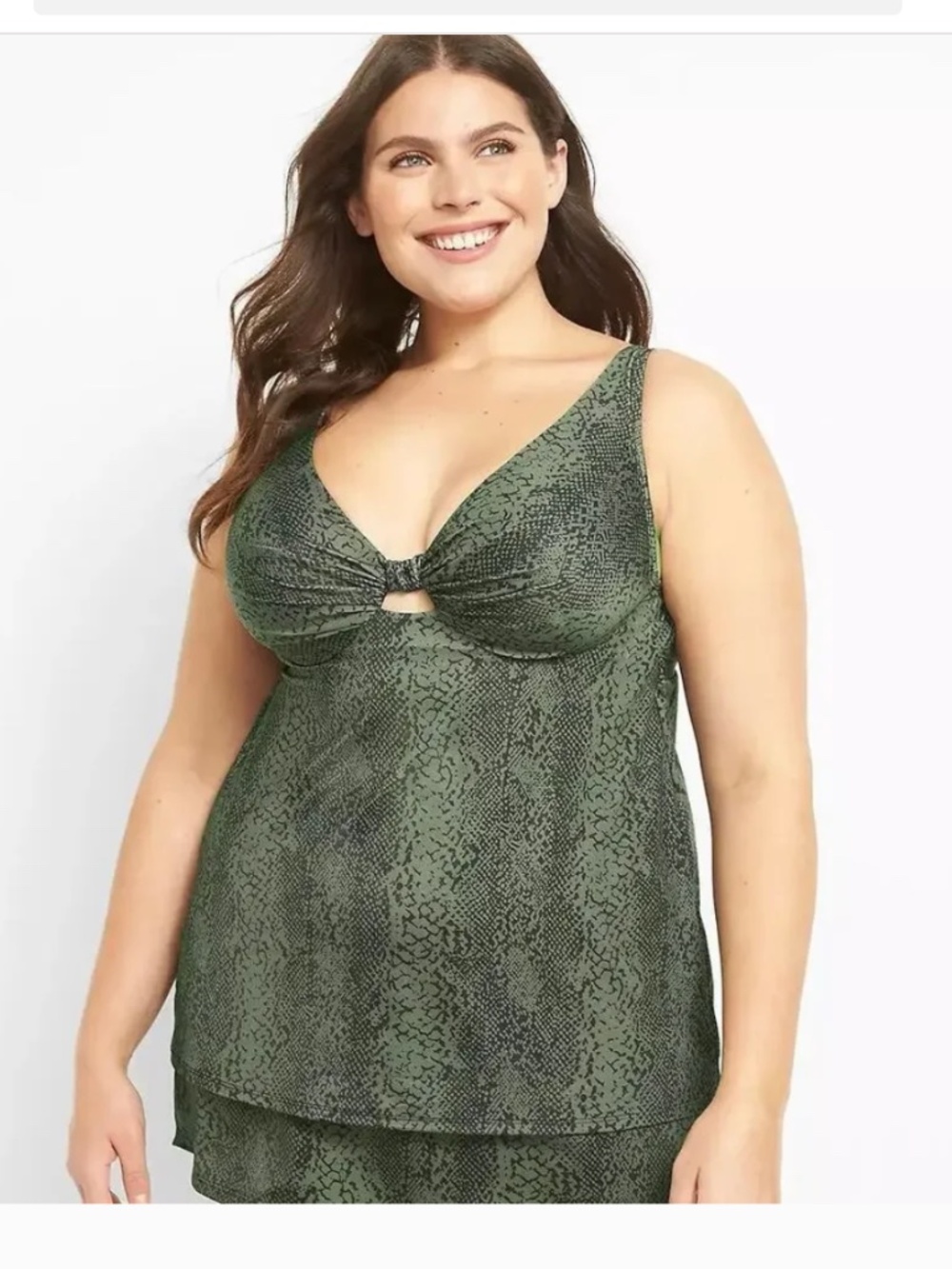 Swim Cacique 38H swimsuit tankini top green black snakeskin knotted front